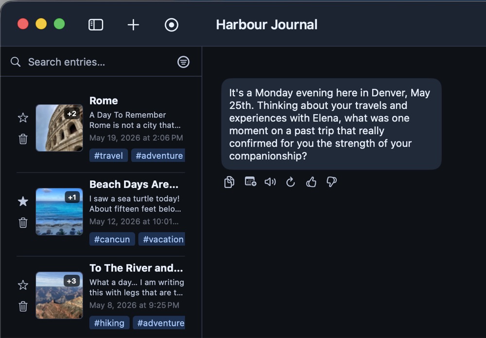 Harbour AI chat responding with context from recent journal entries