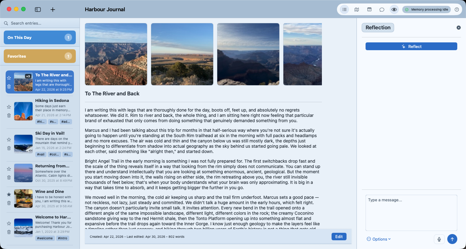 Harbour Journal app showing entries, photos, and writing tools