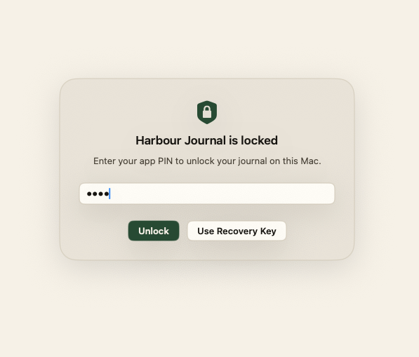 Harbour Journal app lock screen prompting for an app PIN