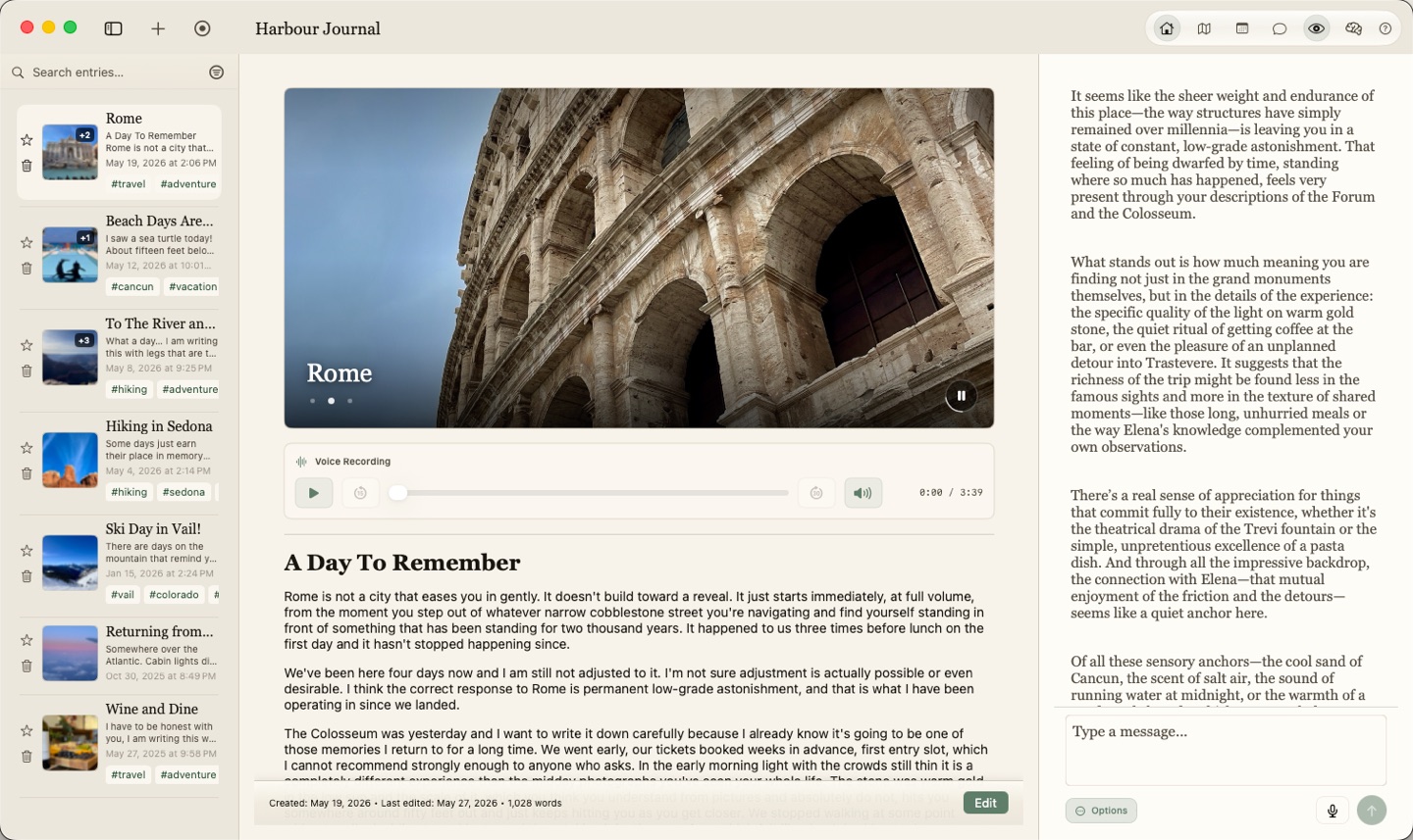 Harbour journal reader showing private entries on Mac