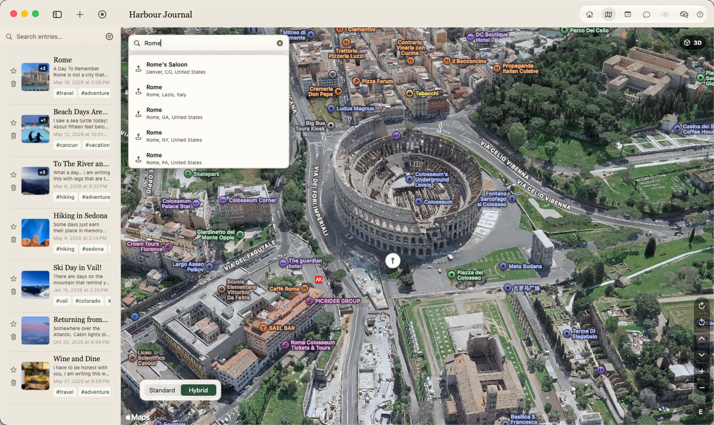 Harbour map view showing journal entries by place