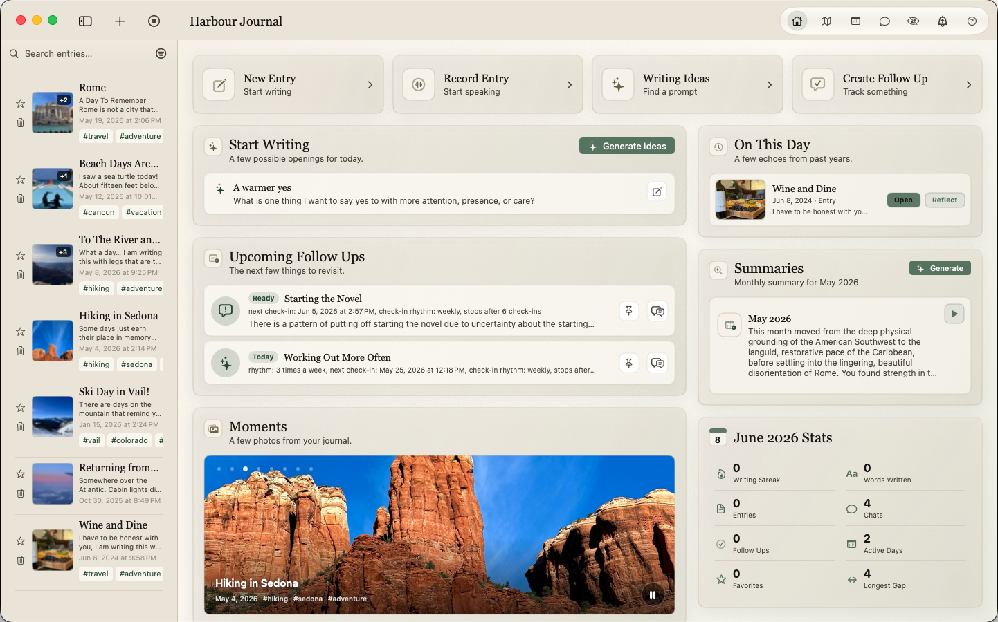 Harbour Journal home dashboard on Mac without a cloud account prompt